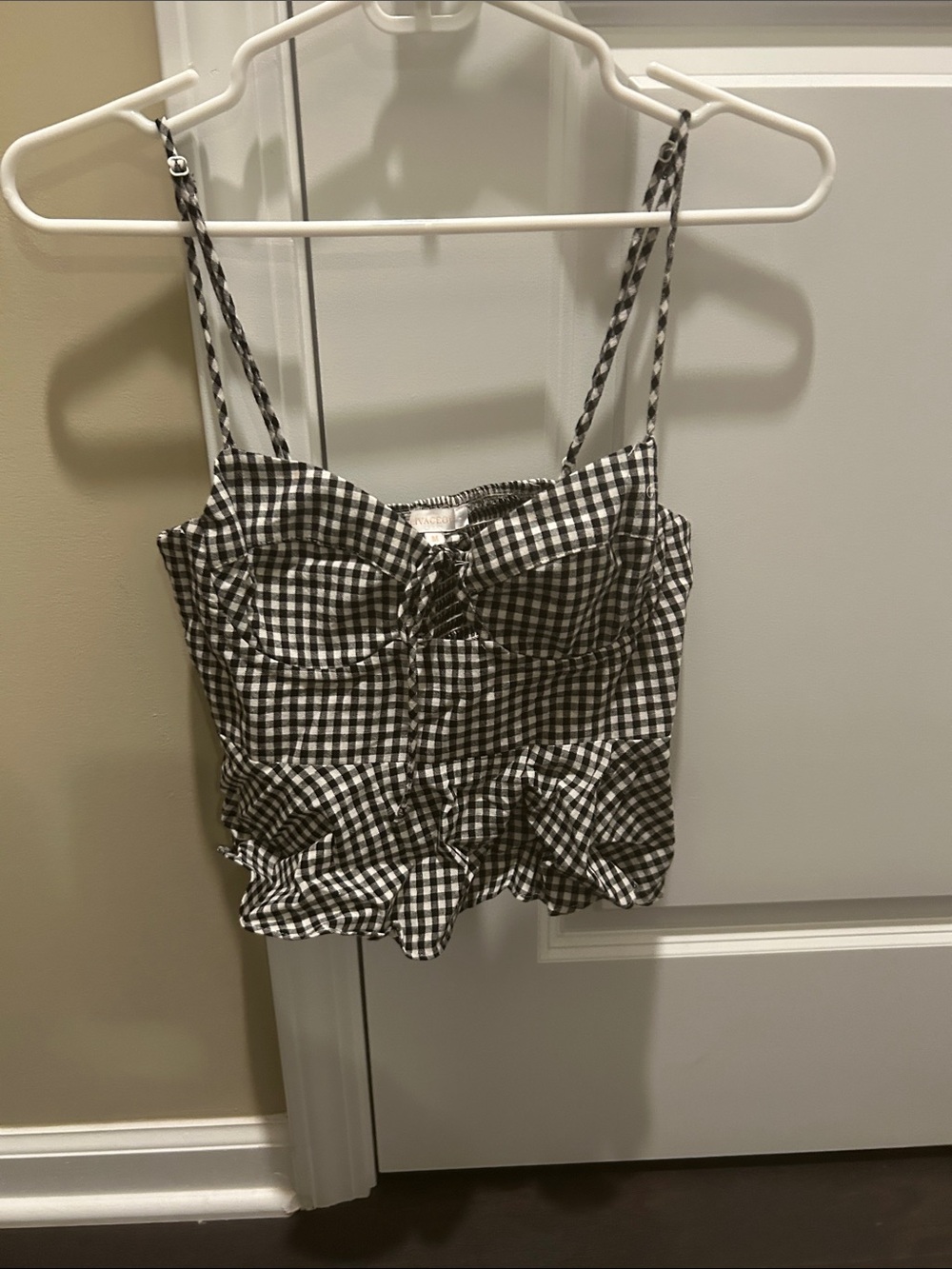 Olivaceous Black and White Gingham Ruched Cami Top